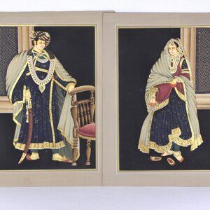 Vintage PAIR Rajasthani Miniature Art Painting on Paper, Punjabi wall art to